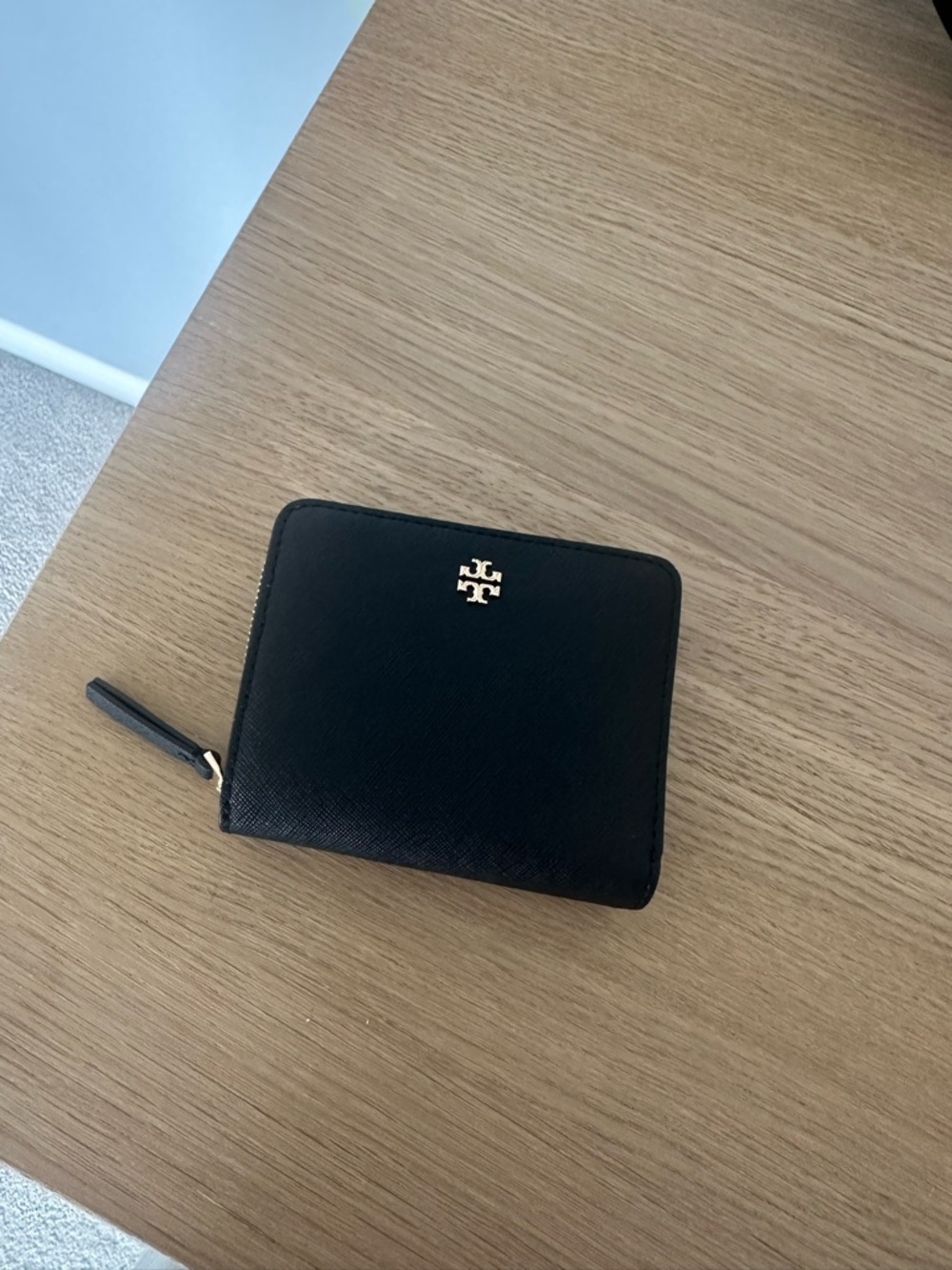 Tory Burch Black Leather Zip Card Holder with Gold Logo